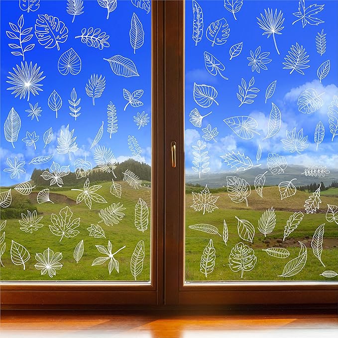 90 PCS Leaf Window Clings - Double Sided White Leaves Stickers - 90 Designs - Reusable Window Decals - Static Clings - Bird Alert - Prevent Bird Strikes